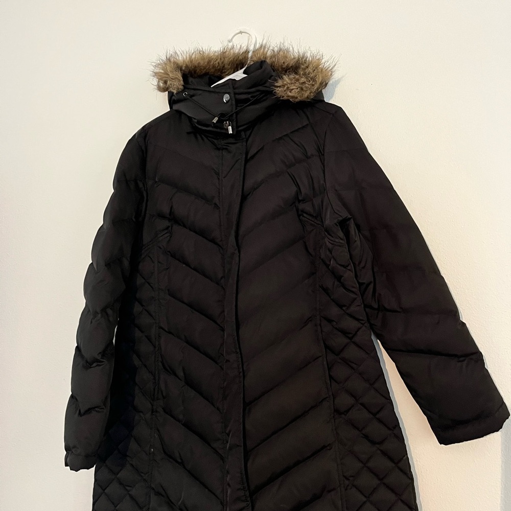 Kenneth Cole Reaction Black Puffer Coat with Faux Fur trim Hood large